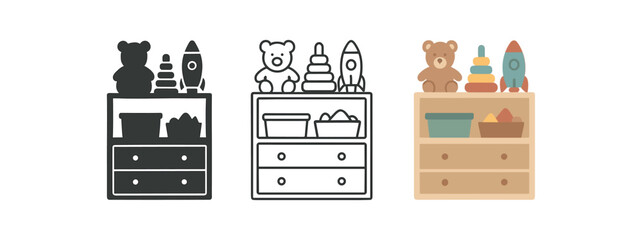 kids room tidy icons three toy shelf and storage bin grouped icons one flat solid monochrome one thin black outline black and white one full color flat icon muted playful tones