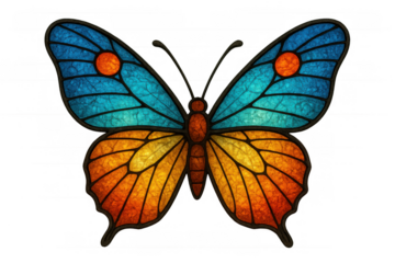 Butterfly design illustrating stained glass effect with vibrant blue and orange wings, transparent background