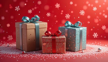 Elegant holiday gifts with festive ribbons and sparkling snowflakes, perfect for Christmas promotions, seasonal sales, and heartfelt greetings