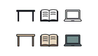 tidy workspace icons three desk notebook and laptop silhouettes one flat solid monochrome one thin black outline black and white one full color flat icon muted office tones
