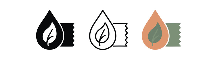 eco dye icons three droplet leaf and textile silhouettes one flat solid monochrome one thin black outline black and white one full color flat icon soft botanical tones