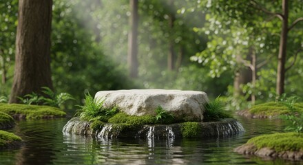 Fototapeta premium Stone podium in a misty, lush green forest with water reflection