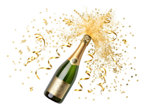 Champagne bottle explosion with golden confetti festive celebration isolated on white background
