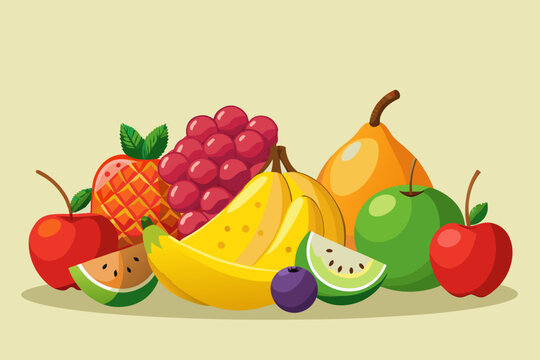 Colorful pile of fresh fruits arranged together, showcasing variety and natural textures. Perfect for healthy eating, nutrition, culinary, wellness, and food-related design projects.
