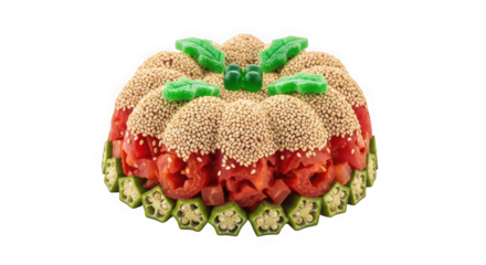 Intricate edible sculpture of vegetables and grains on black background