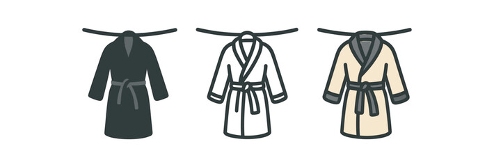 cozy robe icons three bathrobe icons hanging with towel line one flat solid monochrome one thin black outline black and white one full color flat icon cream and gray