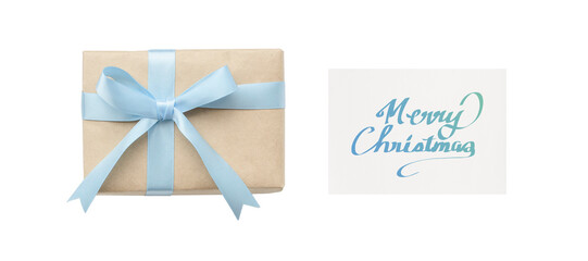 Overhead view of a blue ribbon gift box and a happy birthday card with blue handwritten lettering	