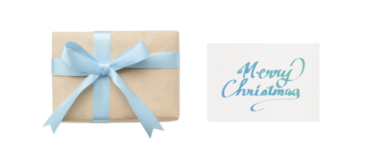 Overhead view of a blue ribbon gift box and a happy birthday card with blue handwritten lettering	