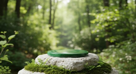 Green stone pedestal on mossy rock in lush forest setting