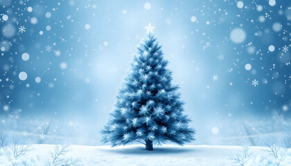 Christmas holiday tree. Border snow background. Snowflakes. Blue spruce, beautiful Christmas and New Year Xmas tree art design, abstract blue widescreen backdrop, asian style. White tone
