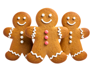 Three smiling gingerbread cookies, two with white, one pink buttons