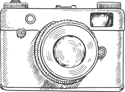 Monochrome hand-drawn sketch of a retro photo camera, highlighting vintage design and classic details. Perfect for photography, nostalgia, creative, and retro-themed projects.