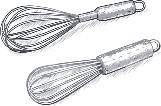 Hand-drawn sketch of a kitchen whisk, capturing its wire details and classic shape. Ideal for cooking, baking, culinary, kitchen tools, and food-related design projects.