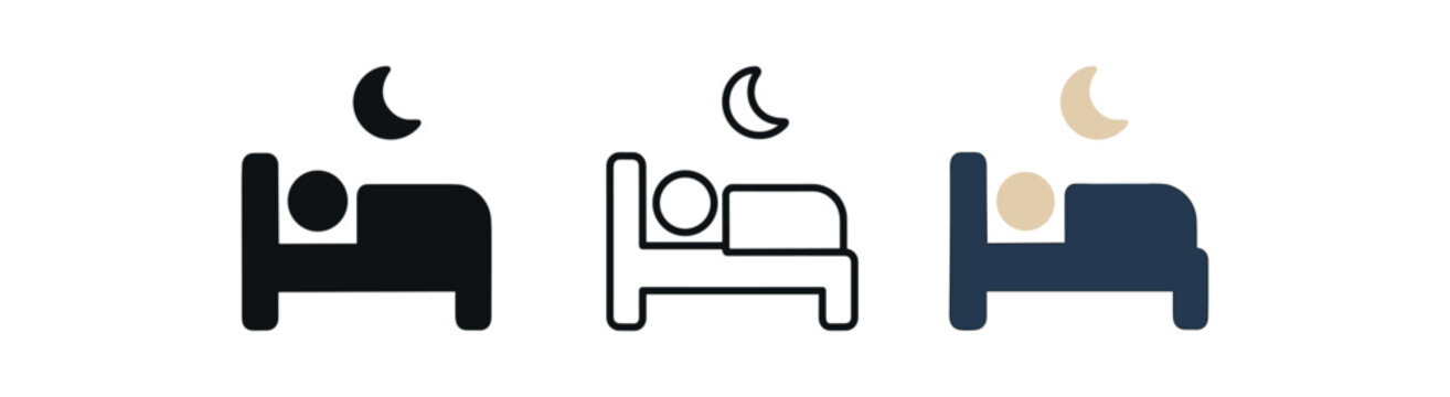 sleeping person icons three simple bed icons with tiny moon above one flat solid monochrome one thin black outline black and white one full color flat icon midnight blue and beige