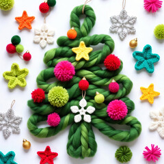 Colorful stylized image of a handmade yarn Christmas tree decorated with vivid pom-poms and knitted stars. Artistic and playful holiday craft design.