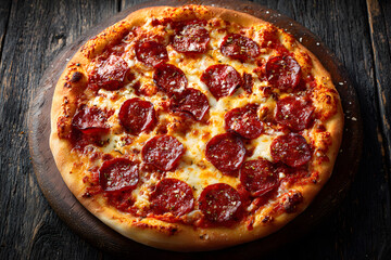 Delicious pepperoni pizza topped with fresh basil served on a wooden cutting board in a cozy setting