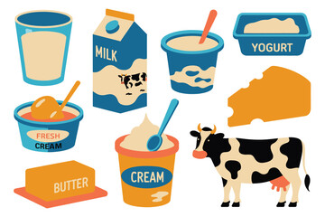 A collection of dairy products, including milk, yogurt, cheese, butter, and cream, alongside a cow.