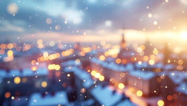 Dreamy winter cityscape glows warmly with falling snow and bokeh lights - Powered by Adobe
