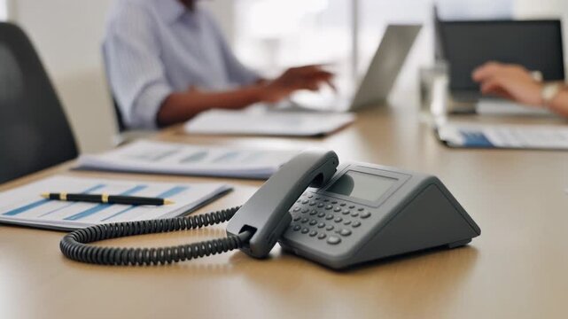 modern speaker phone placed on a conference table inside a bright meeting room. The device is surrounded by neatly arranged documents, pens, and laptops, symbolizing a professional conference setup