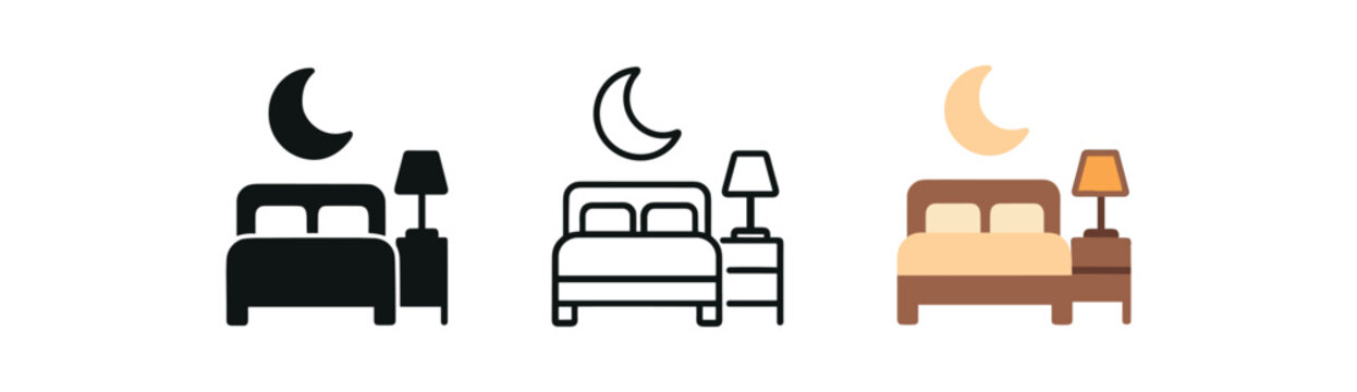bedroom scene icons three bed with lamp and moon grouped icons one flat solid monochrome one thin black outline black and white one full color flat icon soft warm tones