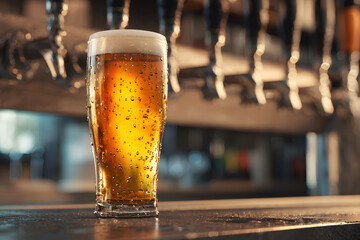 Craft beer served chilled in a clear glass on a wooden bar top at a lively brewery