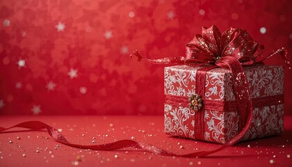 Stunning red gift box with sparkly bow and ribbon for holiday celebrations, perfect for Christmas promotions and festive greetings with a touch of elegance