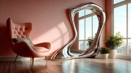A polished chrome mirror with a wavy edge reflects a modern interior. A pink armchair and potted plant complement the stylish decor.