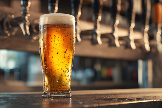 Craft beer served chilled in a clear glass on a wooden bar top at a lively brewery