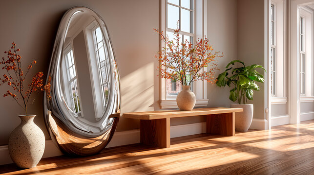 A modern interior featuring a large, irregular liquid mirror with a polished chrome finish. A wooden bench and vases with flowers complement the decor.
