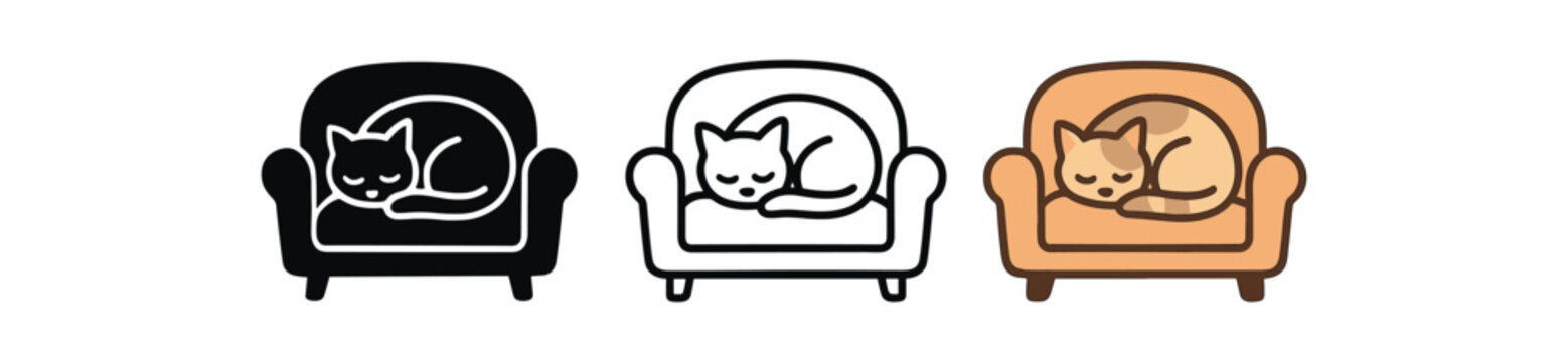 sleeping cat on sofa icons three curled cat silhouettes on couch one flat solid monochrome one thin black outline black and white one full color flat icon warm soft palette