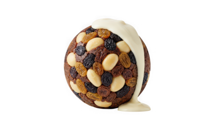 Decadent chocolate egg filled with dried fruits and nuts drizzled with white chocolate