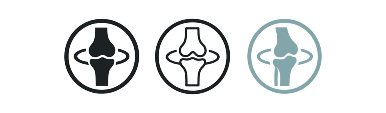 joint support icons three icons with simple knee joint silhouette and ring one flat solid monochrome one thin black outline black and white one full color flat icon soft gray and teal
