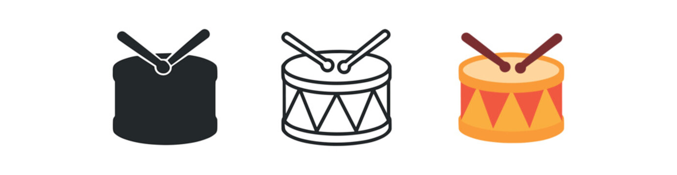 festive drum icons three small percussion instrument silhouettes with simple and stick one flat solid monochrome one thin black outline black and white one full color flat icon warm fiesta