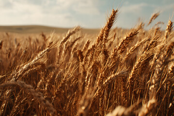 Naklejka premium Golden wheat swaying in the gentle breeze under a blue sky during sunset in a rural field