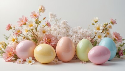 Delightful pastel Easter eggs nestled among delicate blossoms create a charming spring holiday scene, perfect for greetings and seasonal celebrations