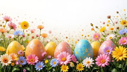 Delightful Easter egg hunt in a vibrant spring meadow, promising joy and renewal with colorful flowers blooming under the warm sunshine