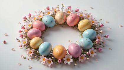 Celebrate spring with a vibrant Easter egg wreath and pastel flowers, perfect for cheerful greetings, seasonal promotions, and delightful designs