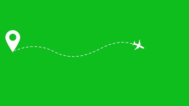 4K airplane route map animation with dotted line flight path on green screen