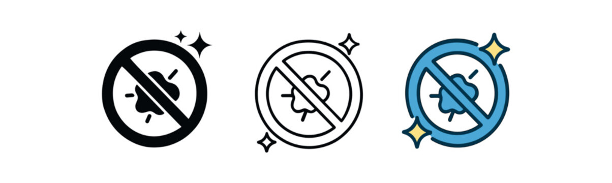 no residue icons three icons with shiny surface and few sparkles crossed tiny dust speck one flat solid monochrome one thin black outline black and white one full color flat icon blue and
