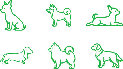 Set of Minimalist Green Dog Breed Illustrations on White Background for Creative Design and Decorative Elements Perfect for Pet Lovers and Graphic Designers