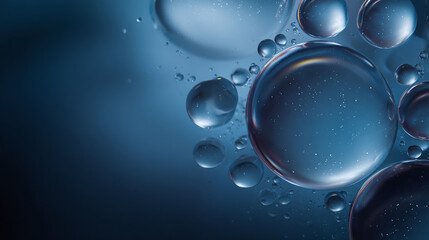Macro shot of water droplets creating an abstract, dynamic composition with a sense of depth and luminosity. The spherical forms reflect light, adding a glistening texture