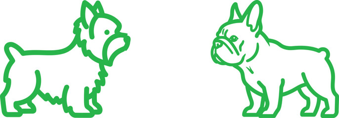 Two Dog Breeds Terrier and French Bulldog in Green Line Art Style with Simple Graphic Design and Modern Artistic Presentation against White Background