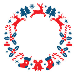 A circular Christmas wreath is decorated with festive holiday symbols like reindeer and candy canes.