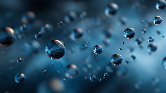 An abstract macro image showcasing perfect water droplets. The water droplets appear suspended against a blurry background, emphasizing their spherical forms
