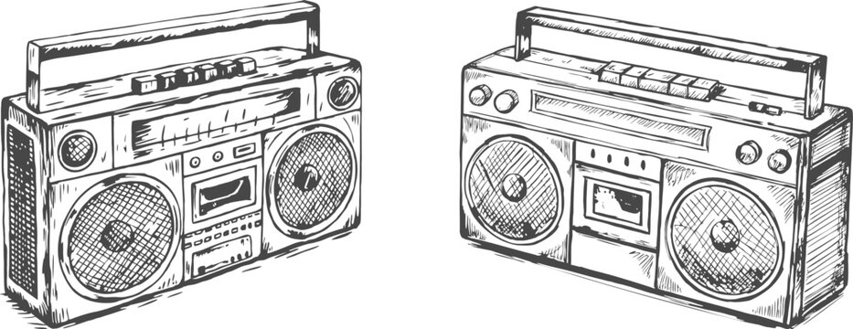 Retro cassette player on a white background, featuring vintage buttons and classic design details. Perfect for nostalgic, musical, and artistic concepts. Hand-drawn sketch illustration