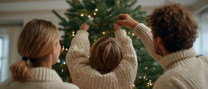 Family teamwork hanging garland and decorations to celebrate holiday with glee and anticipation for Christmas season