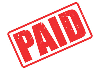 Red grunge styled PAID in angled stamp against white background highlights a finished transaction