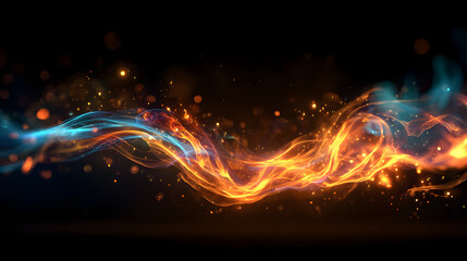 stylized magical fire overlay with continuous blue and orange flames curling across the frame and glowing sparks