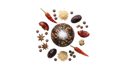 Sparkling disco ball surrounded by exotic spices and dried chilies on black
