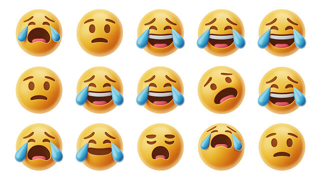 Collection of fifteen yellow emoji faces displaying various expressions of sadness and crying